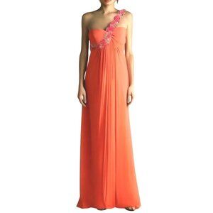 Xscape Asymmetrical Orange and Pink Embellished Gown